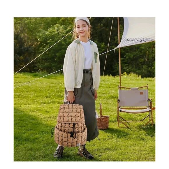 Quilted Puffer Backpack for Women, Lightweight Puffy Hiker Pack, Khaki - Picture 3 of 9